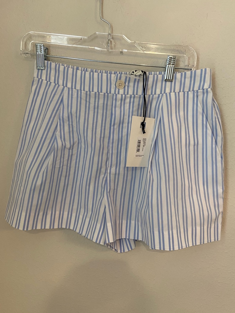 STAUD Zoey Shorts M Mist Stripe Blue White NWT $195